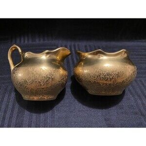 Vintage Wheeling Gold China Sugar and Creamer Set floral pattern